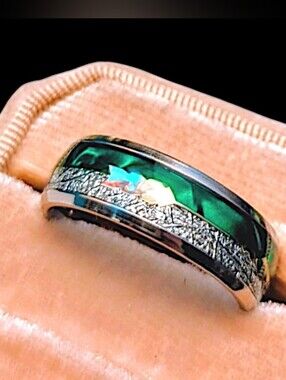 8MM Silver Titanium Green Mosaic Meteorite Wedding Band Arrow Inlay Ring Sz 12